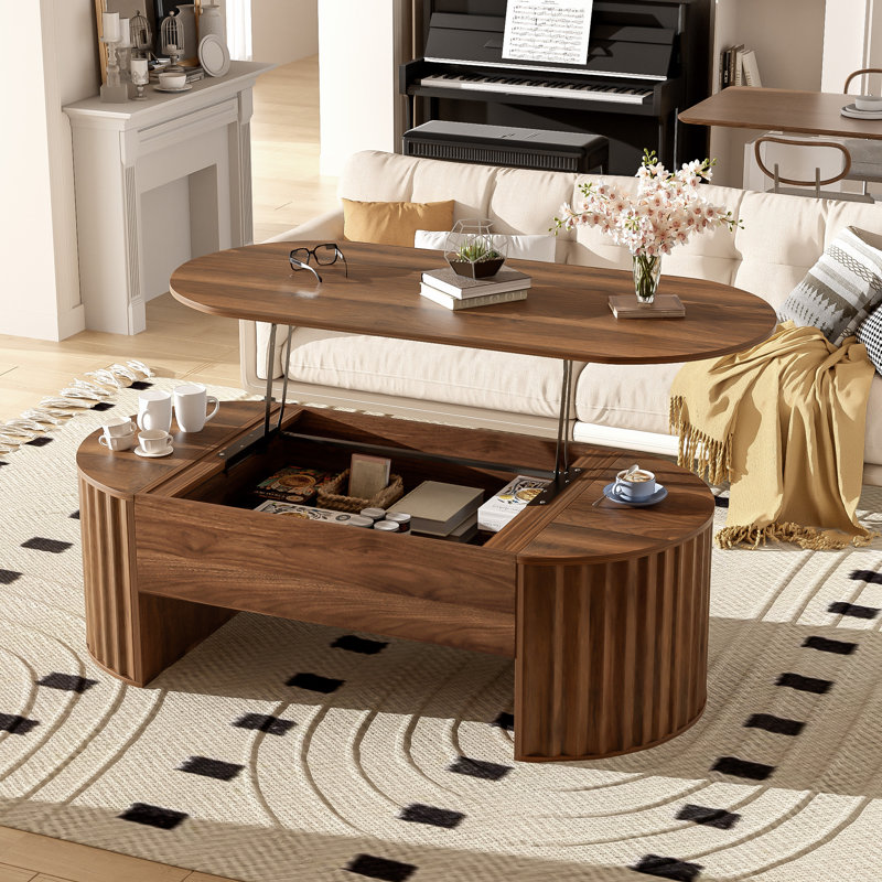 Table basse relevable avec compartiments cachés, plateau relevable ovale moderne, Noyer