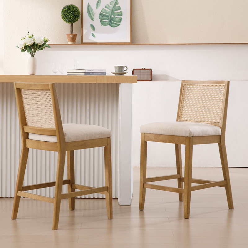 Ensemble de 2 tabourets de comptoir rustiques-chic avec dossiers en osier et sièges larges pour îlots de cuisine et comptoirs de bar