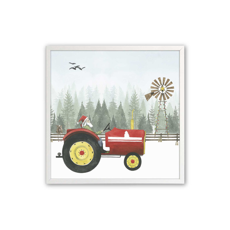 «Santa's Christmas Tractor Ride II», impression, Cadre simple opaque blanc, bois massif, H 17,5 po x l 17,5 po