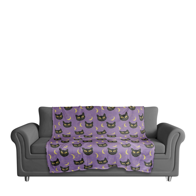 Purple Cat Moon and Stars Fleece Throw Blanket