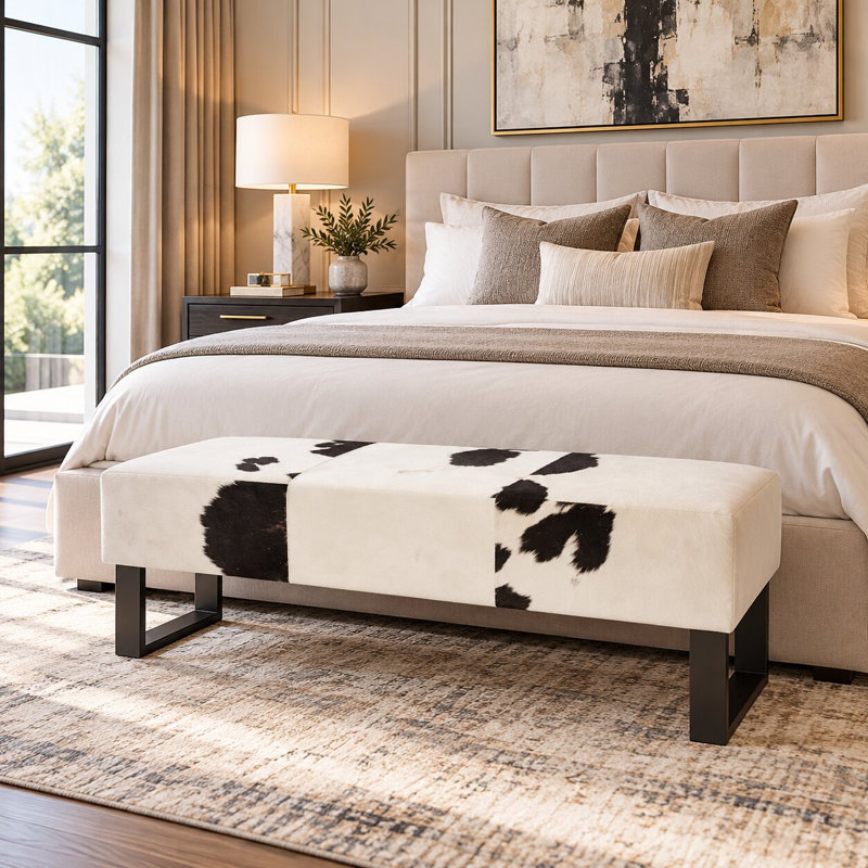 Transitional Black and White Cowhide Bench, Black/White, Black