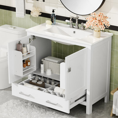 Modern Bathroom Vanity With Ceramic Sink, Soft-Close Doors, Double Storage Shelves And Divided Drawer For Ample Storage And Easy Use