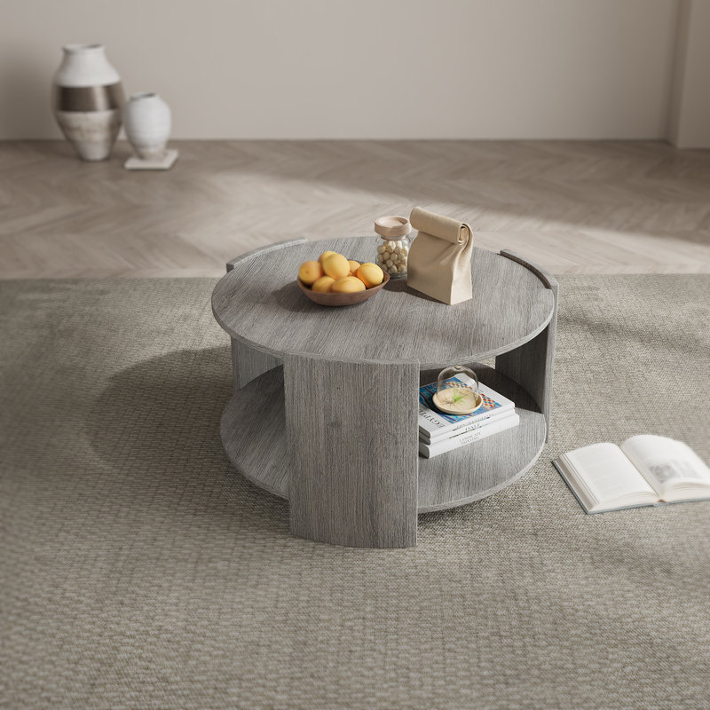 Gray Round Wooden Coffee Table with 2-Tier Storage Shelf