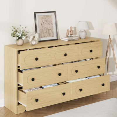 Grande commode en bois de 55 pouces de style Mid-Century moderne avec tiroirs de rangement profonds et boutons en métal