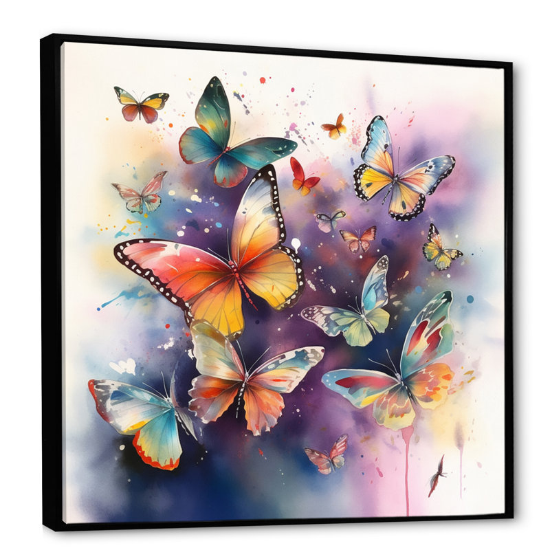 «Purple Butterflies In The Air», reproduction d'art sur toile, H 30 po x l 30 po, Cadre flottant noir