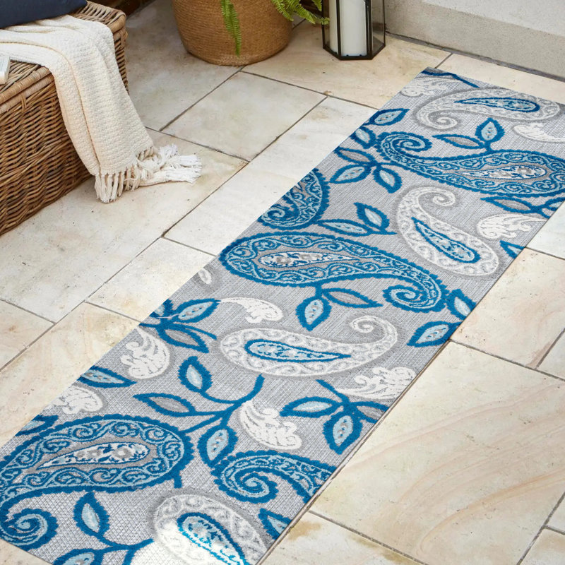 Nidavellir Paisley High-Low Blue/Light Gray Indoor/Outdoor Rug, Runner 2'3" x 8'