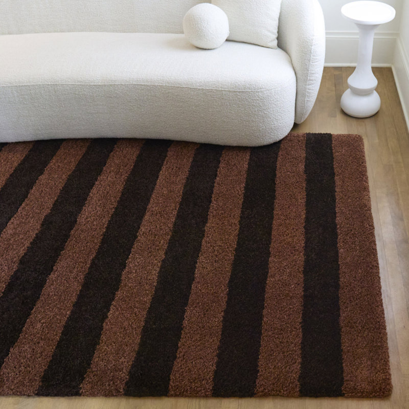 Bruice Brown Striped Shag Area Rug, Rectangle 5'3" x 7'