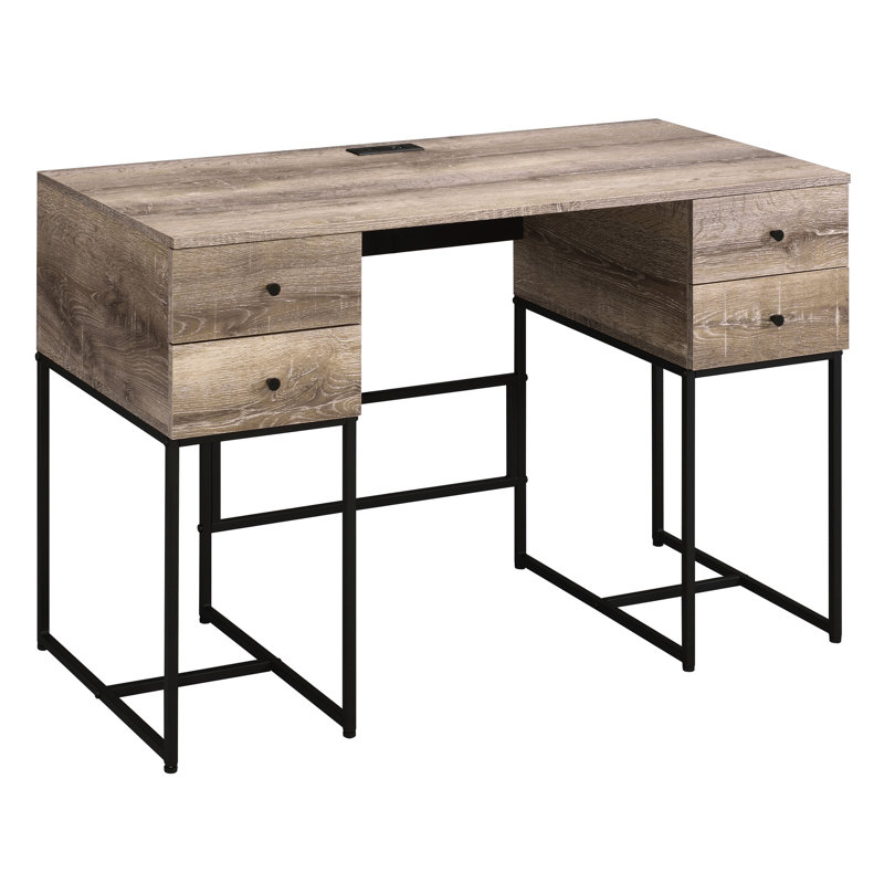 Bureau rustique moderne à 4 tiroirs - Chêne et noir avec port de chargement pour un espace de travail productif