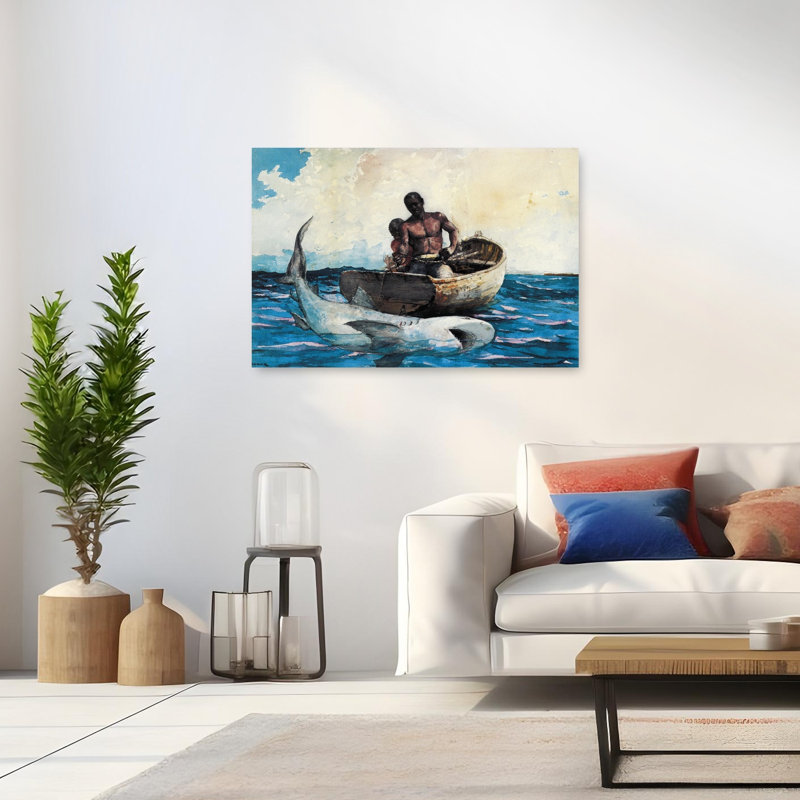 Shark Fishing, 1885 Classic Contemporary Fish Shark Ocean Summer Wall Art Print by Winslow Homer - Wrapped Canvas Print
