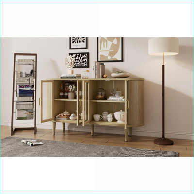 Buffet en bois naturel de style campagnard avec portes en verre et tablettes réglables pour la salle à manger, la cuisine et le salon | Bois massif et panneau de fibres à densité moyenne