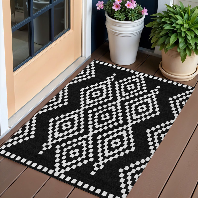 3' X 5' Black And Ivory Geometric Washable Indoor Outdoor Area Rug