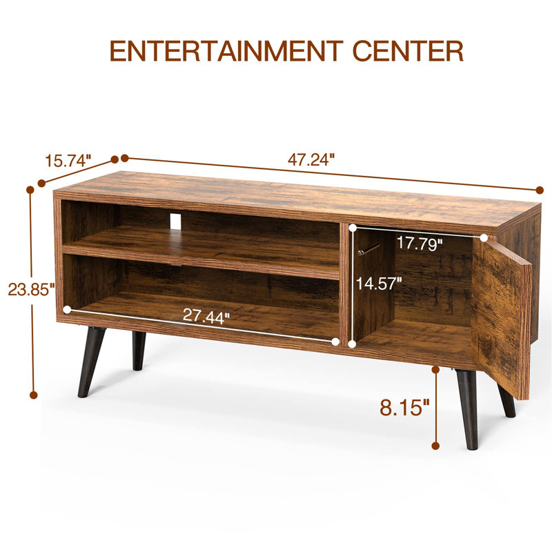 Riley-James 47.24" Mid-Century Modern TV Stand for TVs up to 55", Entertainment Console with Open Shelf and Storage, Brown