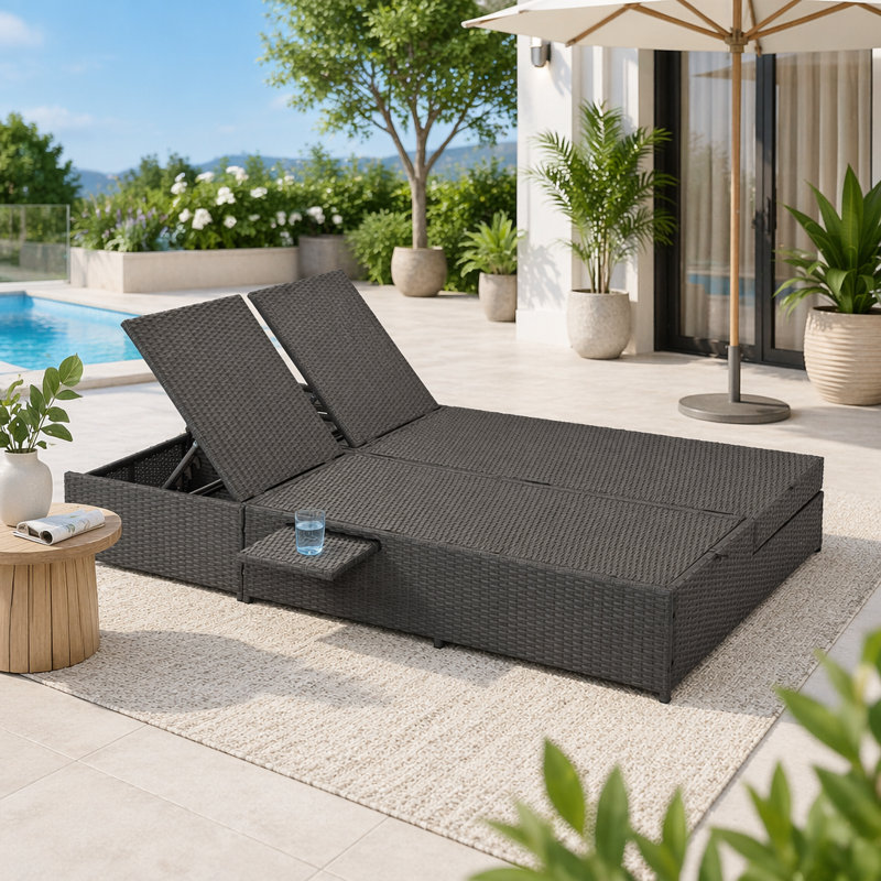 Double chaise longue d'extérieur en rotin d'extérieur avec dossier et siège réglables en osier, Gris