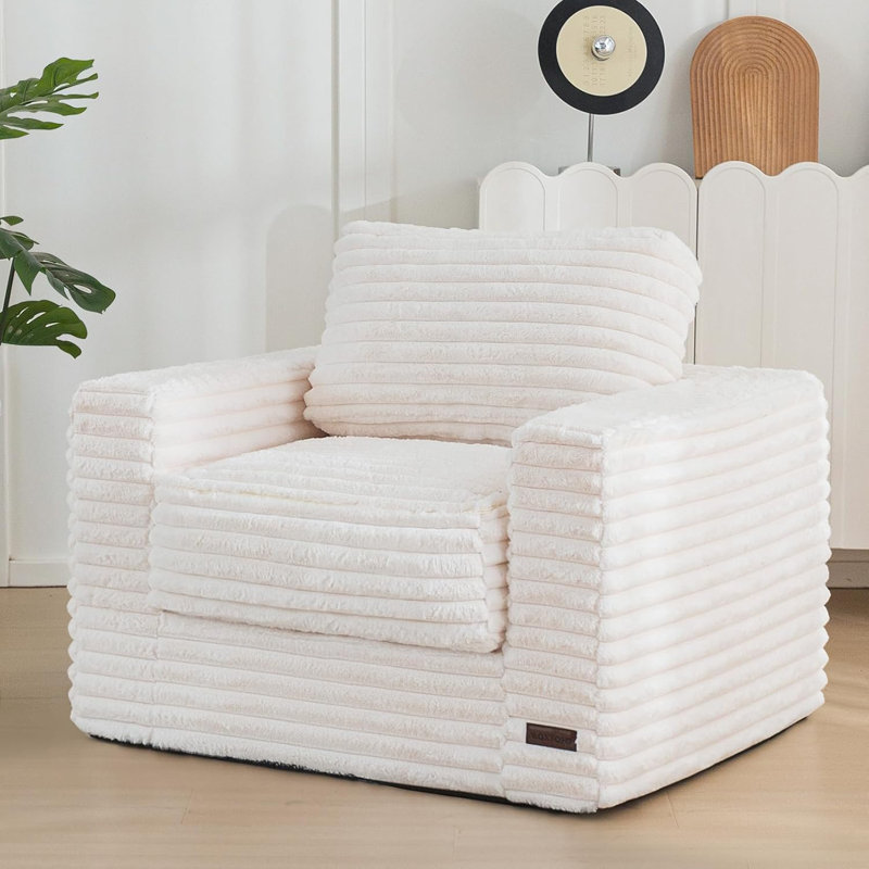 Medium Bean Bag Chair Floor Sofa, Beige Faux Fur