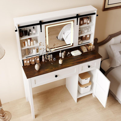 Vanity Desk with LED Lighted Mirror & Power Outlet, Makeup Table with 3 Drawers & Stool for Bedroom, White