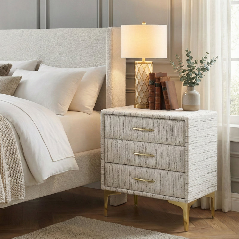Elegant Upholstered Nightstand Fully Assembled, White/Brown Textured 
