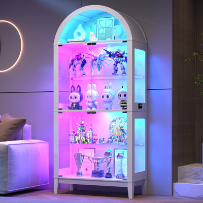 Bibliothèque à 5 tablettes avec verre trempé, vitrine avec lumière RVB et capteur de mouvement