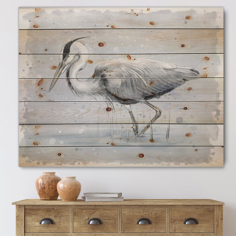 Héron cendré gris - impression de ferme sur bois de pin naturel, H 25 po x l 35 po x P 0,78 po