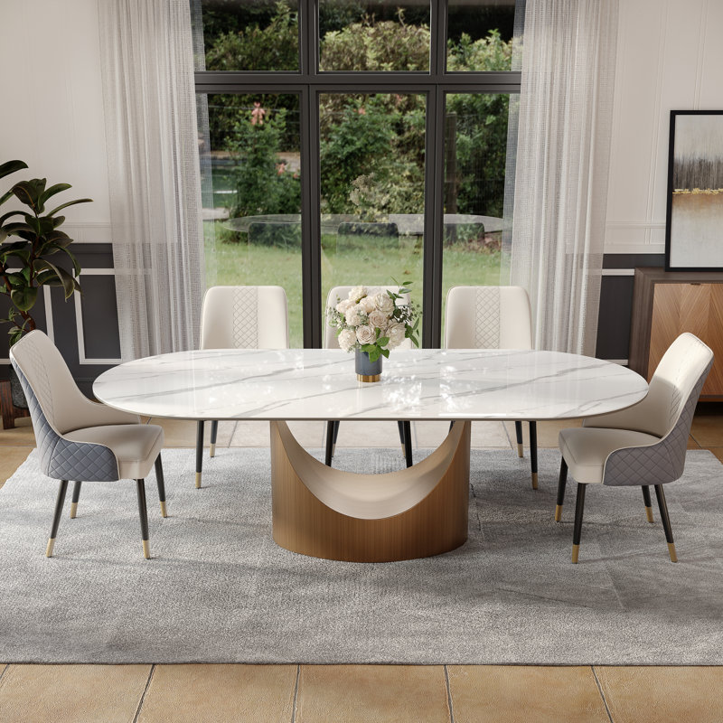 Modern Minimalist Oval Dining Table with Sintered Stone Tabletop & U-Shaped Leg for 6 to 8, Perfect for Kitchen and Living Room