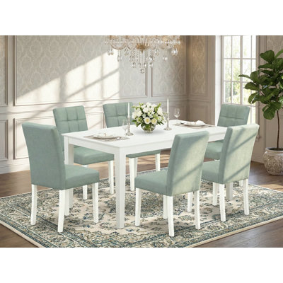 Ensemble de table de salle à manger moderne 7 pièces comprenant une table de salle à manger moderne et 6 chaises de salle à manger en polyester vert saule, blanc lin