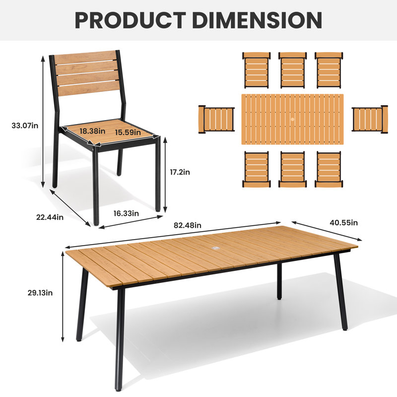 8-Person Aluminum Outdoor Dining Set With Umbrella Hole And Stackable Chairs, Brown