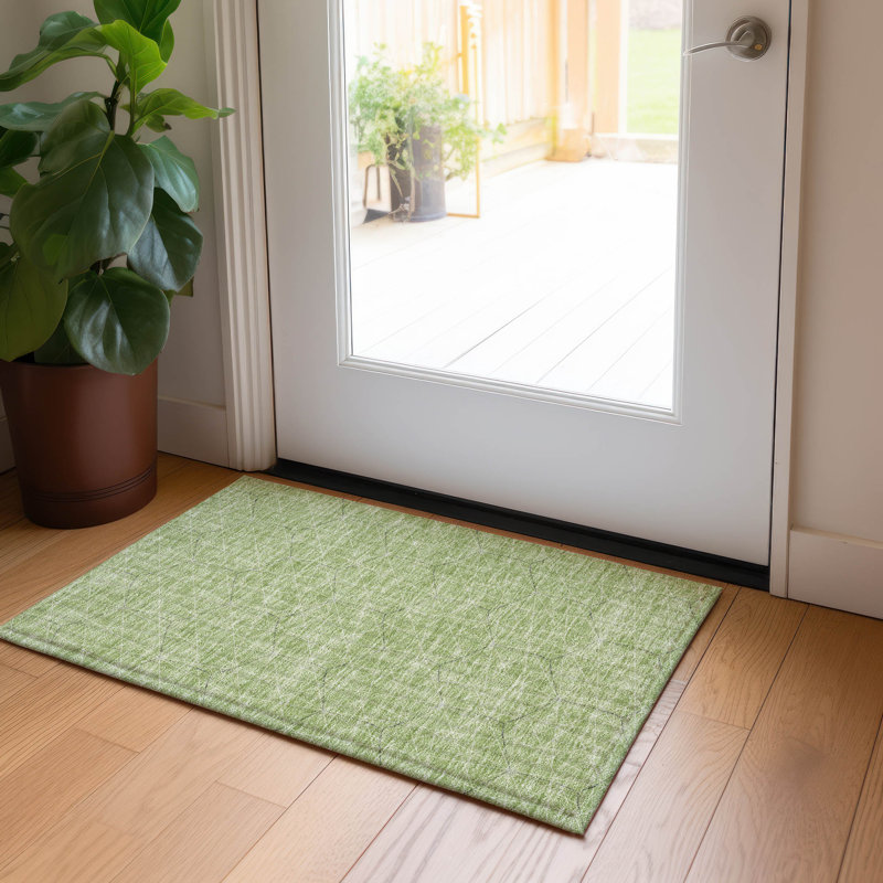 Green Geometric Synthetic Washable Indoor/Outdoor Rug 30" x 20"
