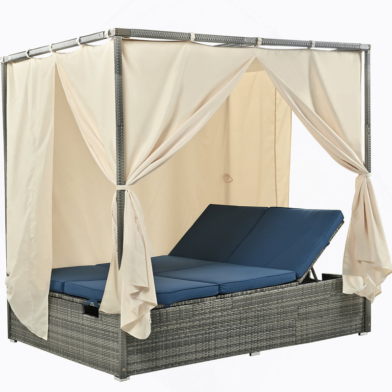 Lit de soleil réglable avec rideau, High Com Fort, avec 3 couleurs, Coussin bleu / cadre gris