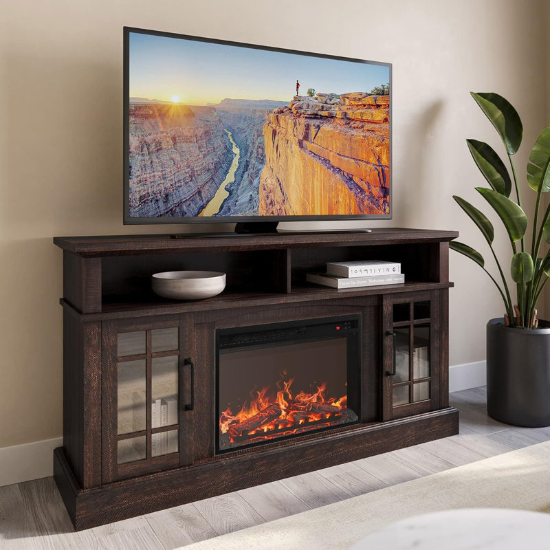  Kehaulani Traditional 58" Rustic TV Stand with 23" Electric Fireplace Heater with Sound, Media Entertainment Center Console Table for TV up to 65"