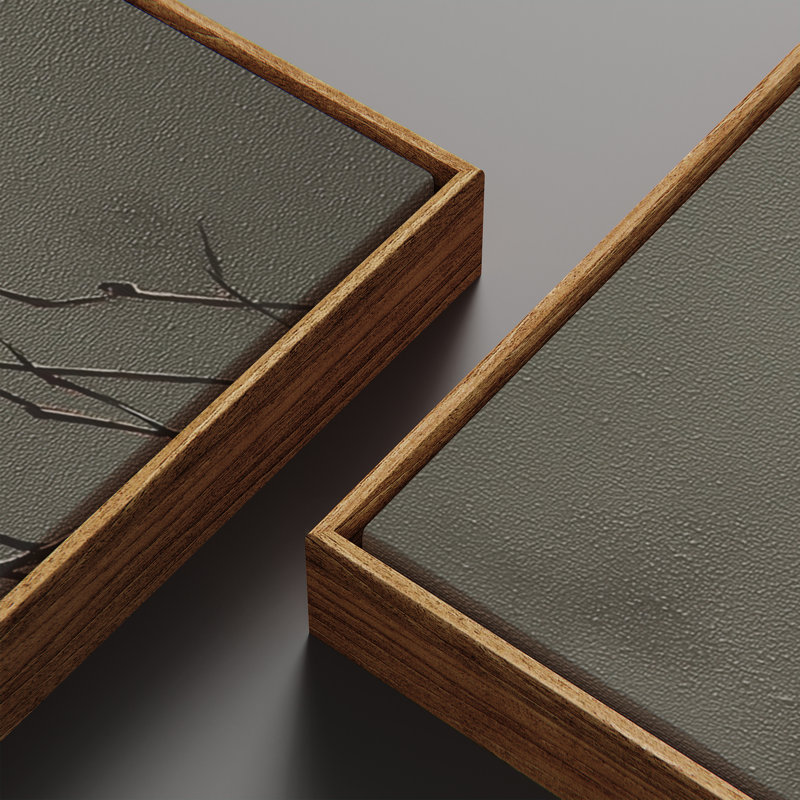 Branches botaniques en sourdine avec oiseaux aux tons terreux - ensemble de 2 reproductions d'art encadrées sur toile 60 po x 20 po x 2 pièces