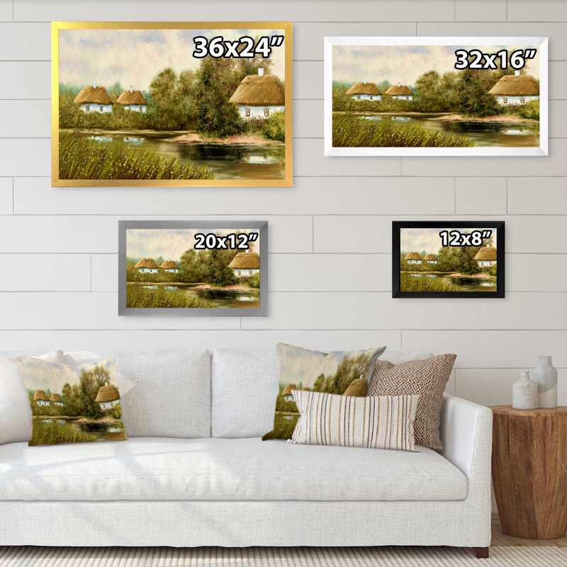 «Old Village on Spring River», peinture sur toile, H 8 po x l 12 po x P 1 po, Cadre noir