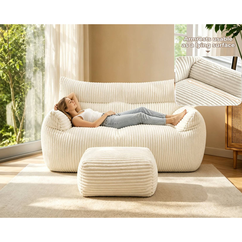 Wide Bean Bag Sofa Chair Loveseat,Large Corduroy Bean Bag Chair with Armrests,Compressed Packaging, White
