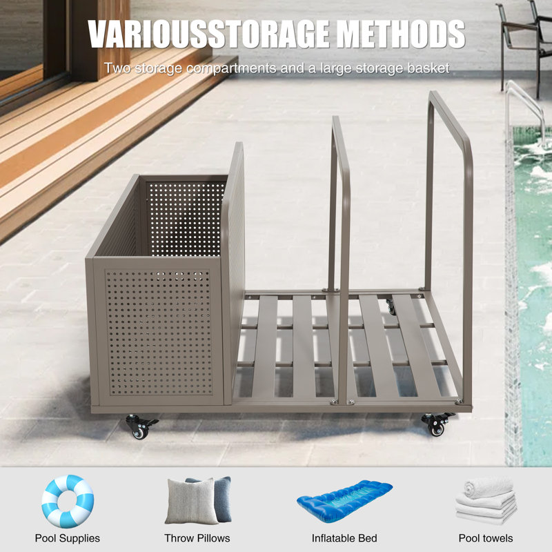 Metal Towel Rack Poolside Organizer, Poolside Float Storage, Pool Float Caddy Cabinet Deck Box, Versatile Cart With Wheels