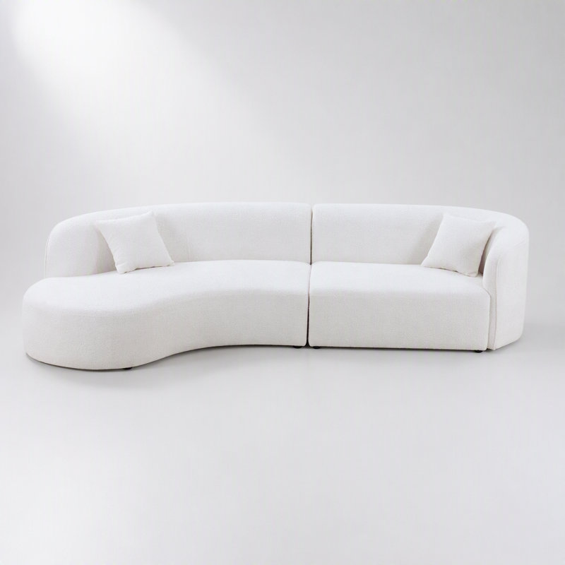 Canapé d'angle incurvé avec méridienne, 2 pièces, style moderne et luxueux, revêtement en tissu bouclé blanc, angle gauche