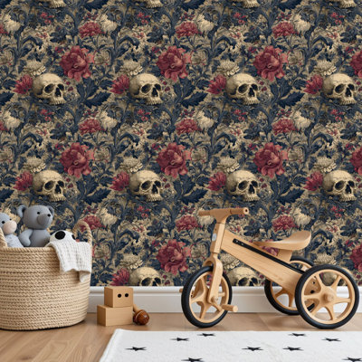 Peel and Stick PVC Wallpaper, Removable Self-Adhesive Wall Covering With Dark Romantic Skull Floral Engraving Thorny Vines Print, Waterproof for Home Decor - Roll