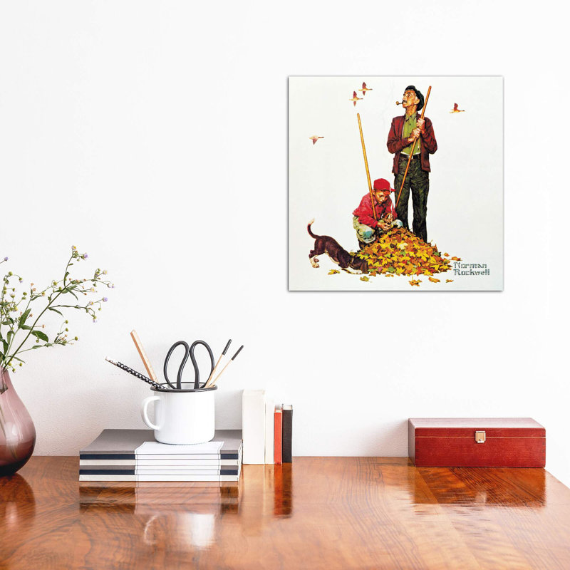 Grandpa And Me: Raking Leaves by Norman Rockwell - Wrapped Canvas Painting, 45.72 cm H x 45.72 cm W x 3.175 cm D