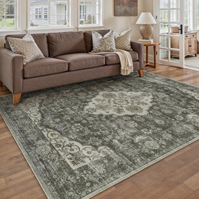 Vintage Medallion Machine Washable Area Rug With Non-Slip Backing