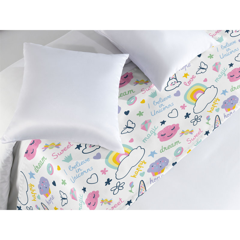 Queen Multicolor Satin Cartoon Bed Runner with Rainbow Clouds Print