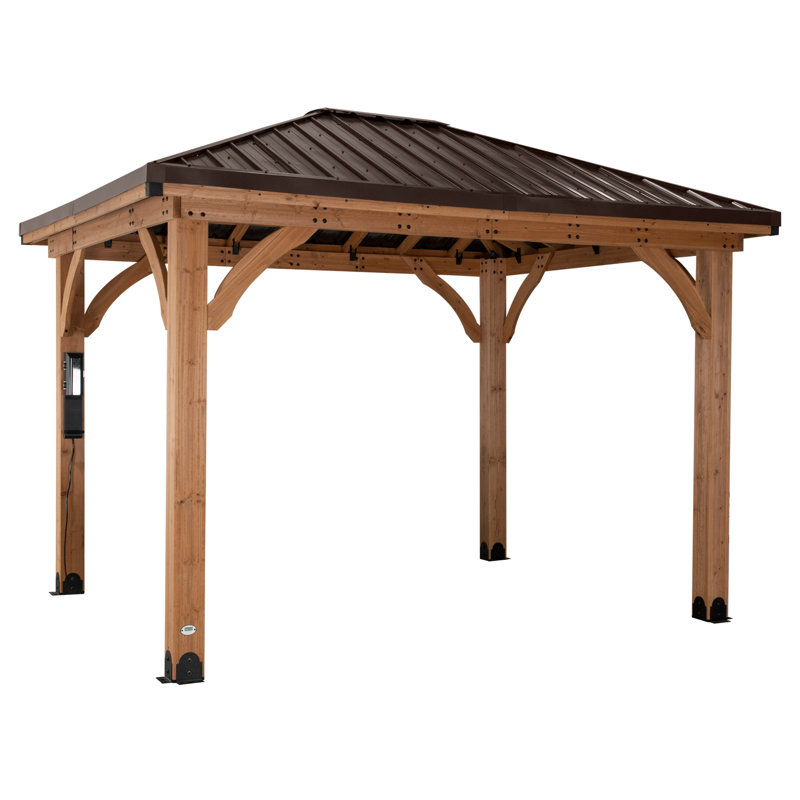 Backyard Discovery Barrington 10' x 10' Cedar Wood Outdoor Patio Gazebo with Hardtop Galvanized Steel Hip Roof and PowerPort