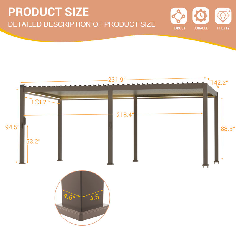 Pergola solaire à DEL en aluminium avec persienne à manivelle, 12 pi x 20 pi