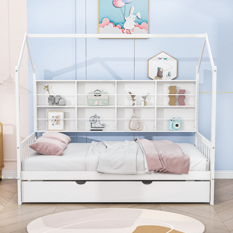Kip Wooden Platform Bed with Trundle, White, Twin