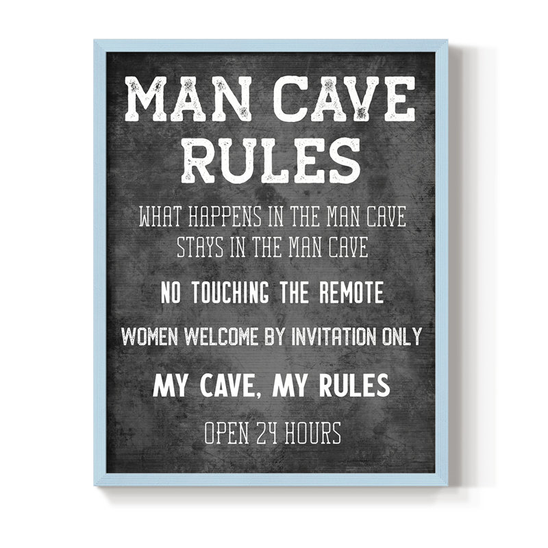 «Man Cave Rules», reproduction encadrée - bois massif, H 15 po x l 12 po, Bleu