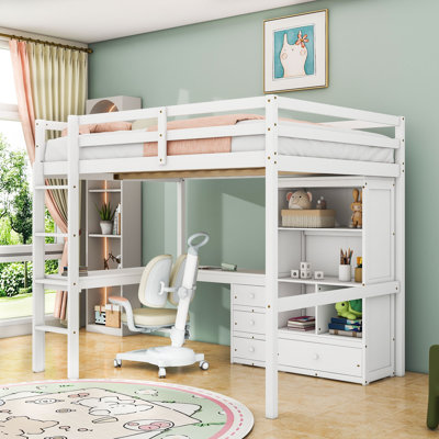 4 Drawers Full Wood Loft Bed With L-Shaped Desk, Shelves, Ladder & Guardrails by Harriet Bee