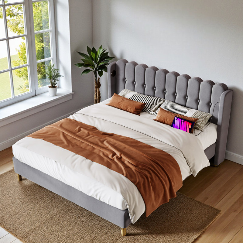 Velvet Upholstered 4Ft6 Double Bed With USB And Type-C Charging, Double (4'6), Grey