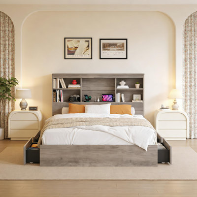Bed Frame with Storage Headboard, 4 Drawers and Charging Station for Bedroom