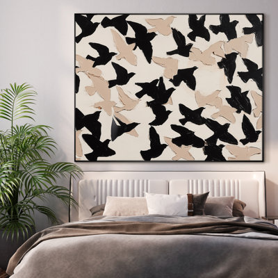 Très grande reproduction d'art sur toile - Motif d'oiseaux volants noir et beige pour le salon ou la chambre à coucher - «Assemblage requis du cadre (cadre non fini)»