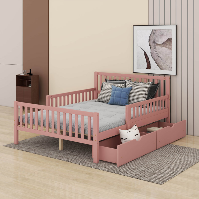 Lit plateforme en bois avec garde-corps et tiroirs, Lit double, Rose