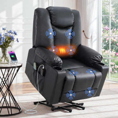 Fauteuil inclinable électrique à levage avec fonction massage et chauffage, fauteuil inclinable électrique surdimensionné et rembourré avec ports de chargement USB et de type C, 2 porte-gobelets et poches latérales