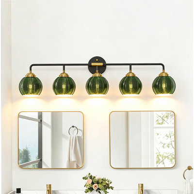 5-Light Vintage Bathroom Light Fixtures with Clear Glass Shades Over Mirror, Black and Gold