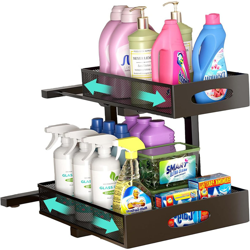 Extra-Wide 2-Tier Under Sink Pull-Out Organizer, Height-Adjustable Metal Cabinet Storage For Kitchen Or Bathroom