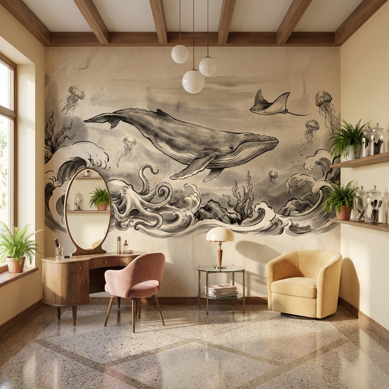 Murale sous-marine rétro avec baleine, 200 po x 120 po, Non tissé non collé